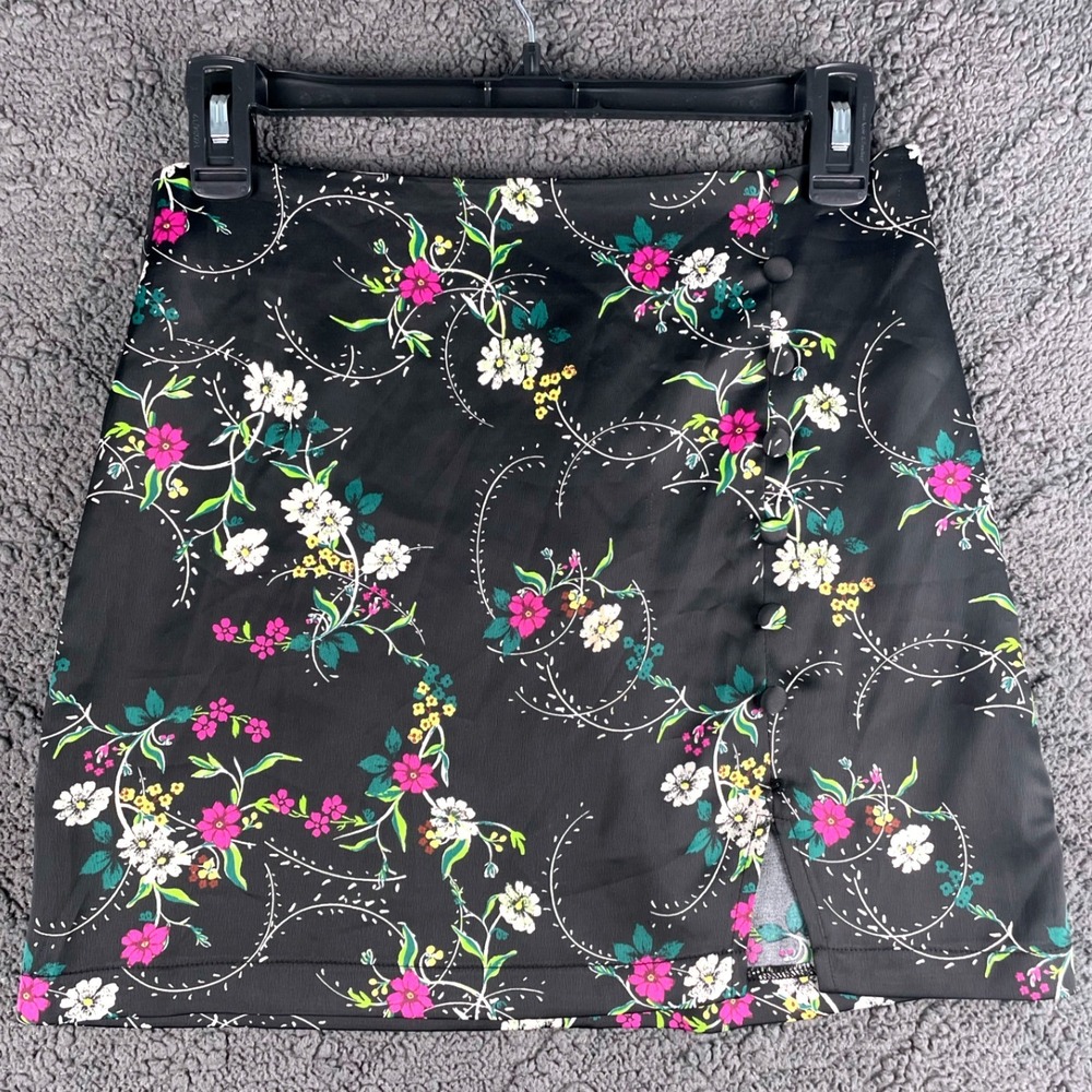 Urban Outfitters Floral Satin Mini Skirt Black Pink Side Slit XS
